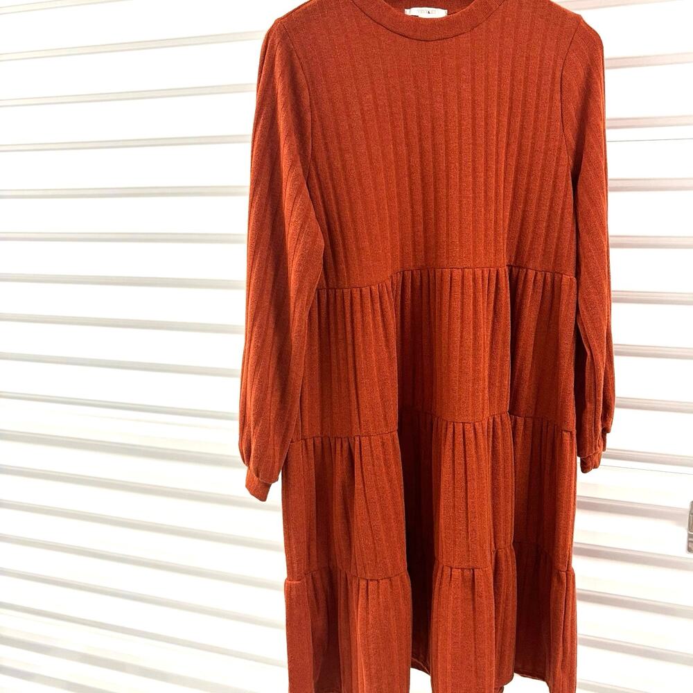 Veveret Ribbed Tiered Midi Dress Rust Orange Long Sleeve Boho Plus 1X NWT